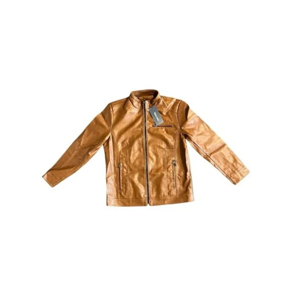 WULFUL Men's Stand Collar Faux Leather Motorcycle Jacket Lightweight Outwear M